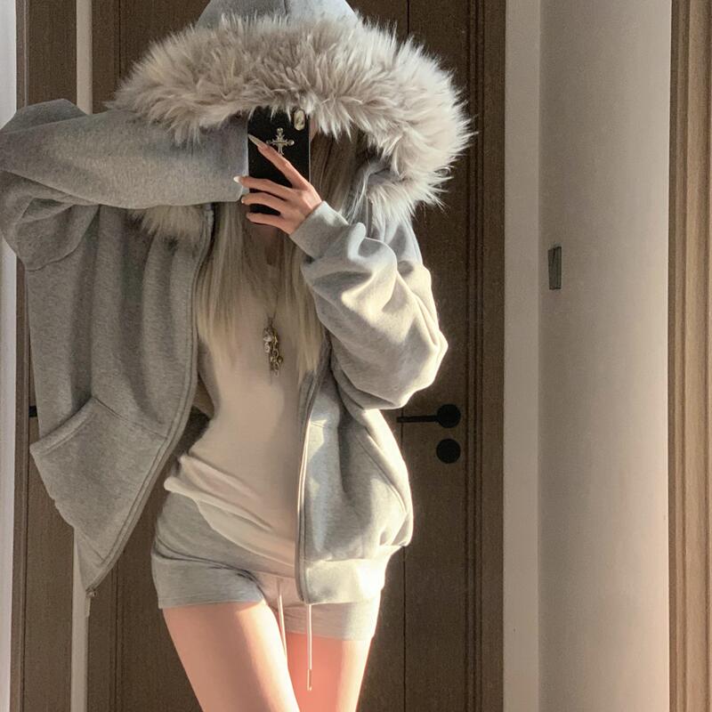 021Ope Private Server Large Fur Collar Hooded Sweatshirt with Fleece Lining, Thickened Jacket for Autumn and Winter, Loose and Casual Short Top