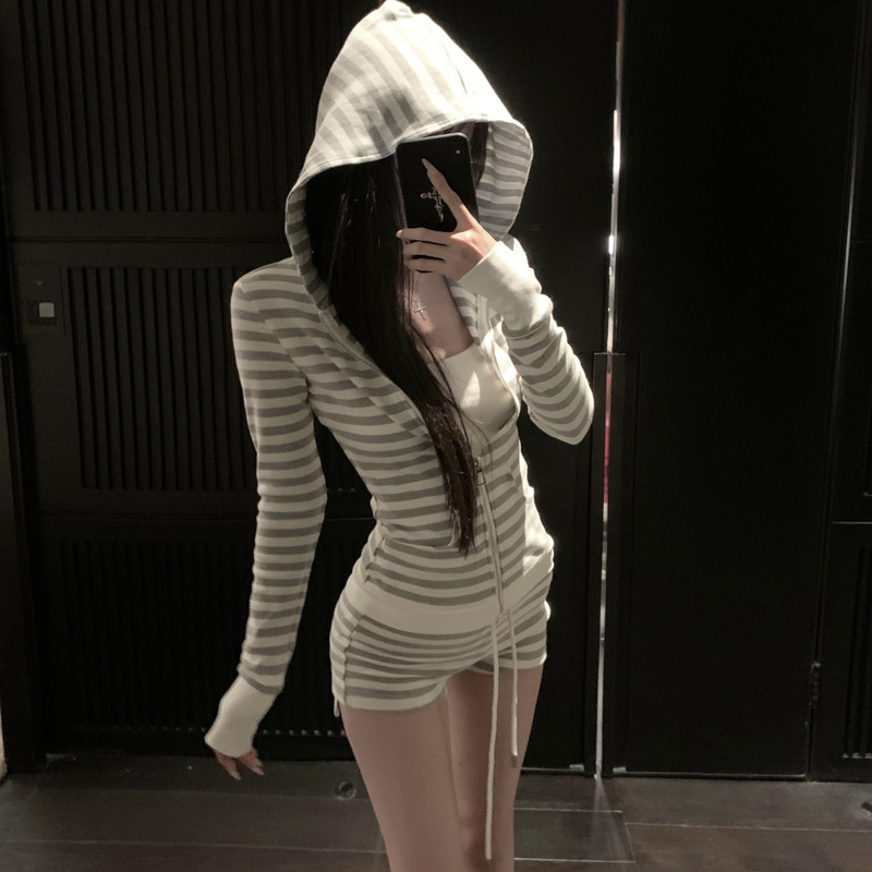 021Ope Original Lazy Street Style Striped Sportswear Set Relaxed Slim Fit Hooded Jacket Wide Leg Pants