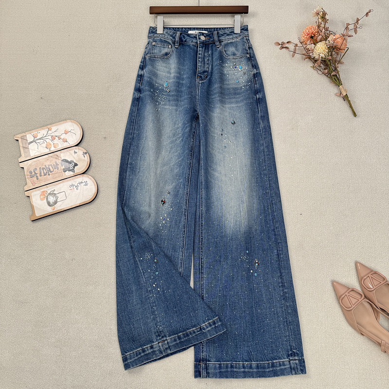 【Colorful Rhinestone Jeans】New Chinese-Style Heavy-Duty Rhinestone High-Waisted Straight-Leg Jeans for Women, Versatile Casual Wide-Leg Pants