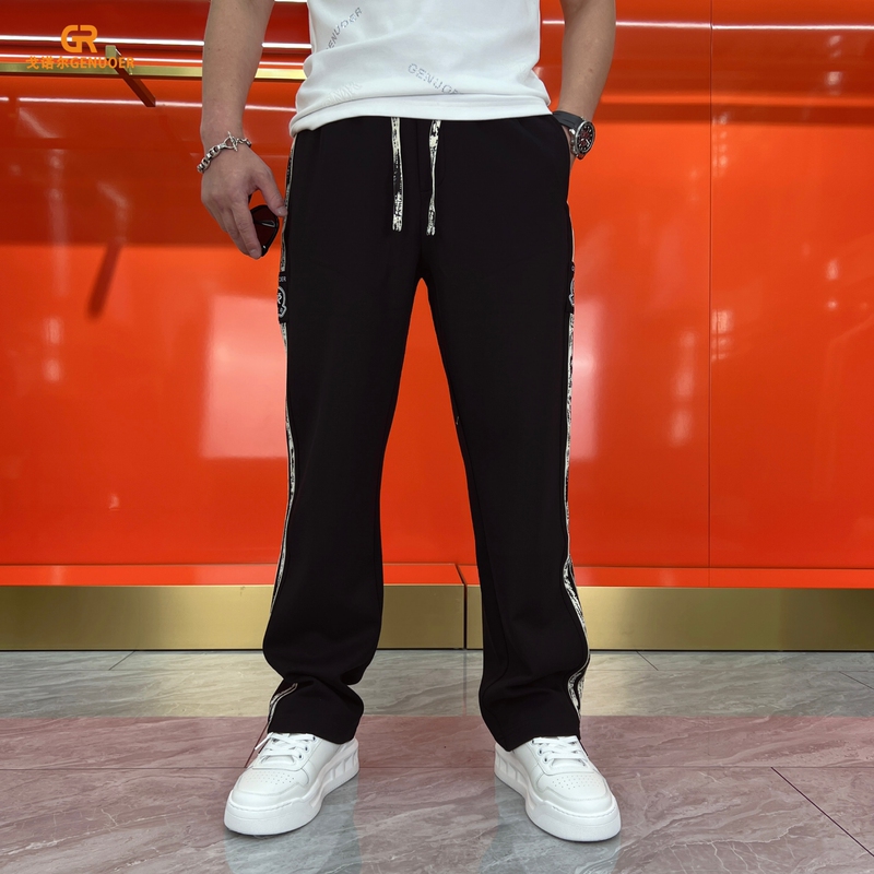 Gonol Men's Black Patchwork Casual Pants Loose Straight Drawstring Sweatpants Trendy Zqkc46142
