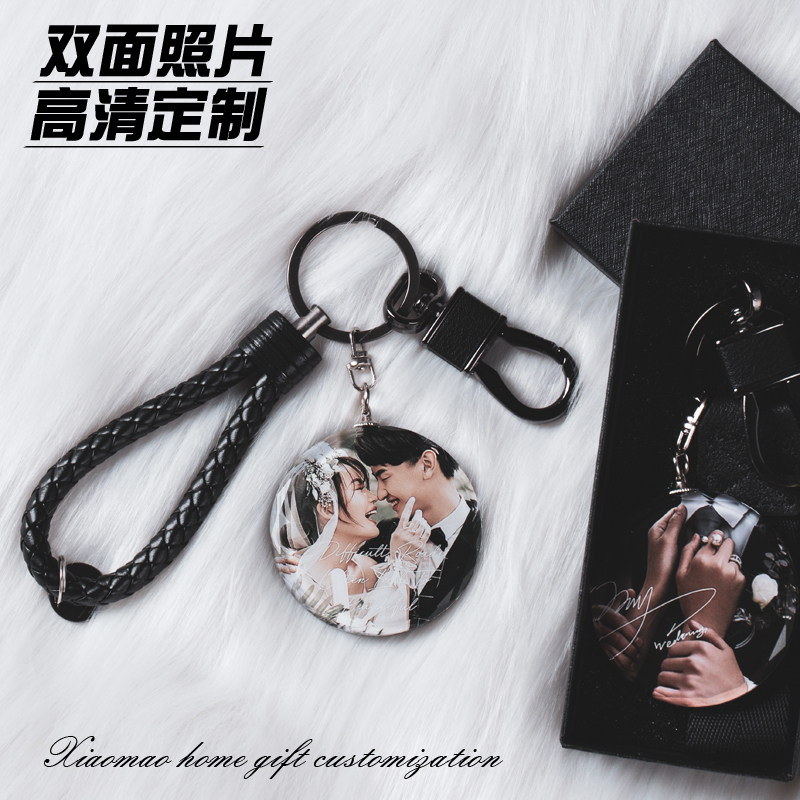 Crystal double-sided photo keychain custom diy high-end simple car keys female ins creative couple birthday gift