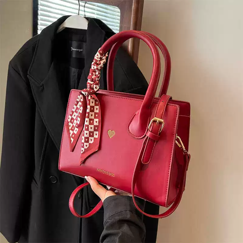 Handheld red capacious shoulder bag for bride, high-quality style