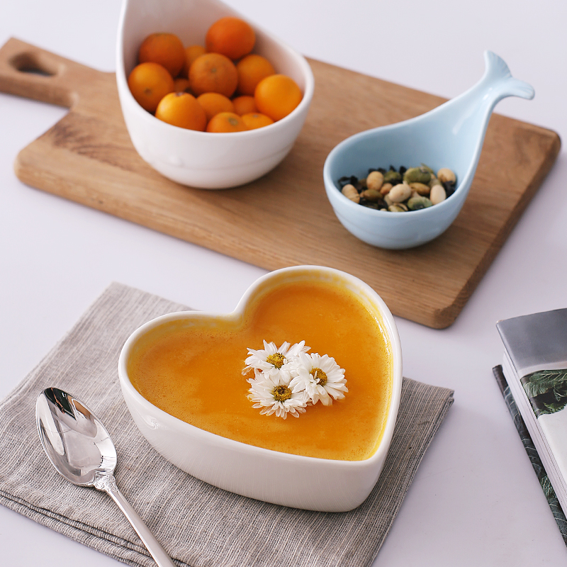 Ceramic Children Small Bowl Fruit Salad Bowl Pan Home Cute Cartoon Breakfast Bowl Cereal Bowl Steamed Egg Bowl Double Ear Bowl