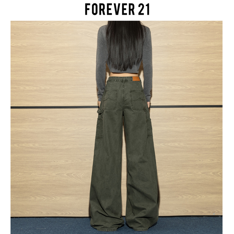 Forever 21 Army Green Workwear Jeans, New Autumn Style, American-Style Loose Straight-Leg Versatile Loose Wide-Leg Pants