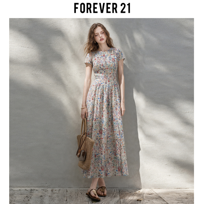 Forever 21 Is a Very Pretty Floral Round-Neck A-Line Dress for Women, Summer Waist-Cinching Puff Short-Sleeve Vacation-Style Long Dress Forever 21 Is a Very Pretty Floral Round-Neck A-Line Dress for Women, Summer Waist-Cinching Puff Short-Sleeve Vacation-Style Long Dress