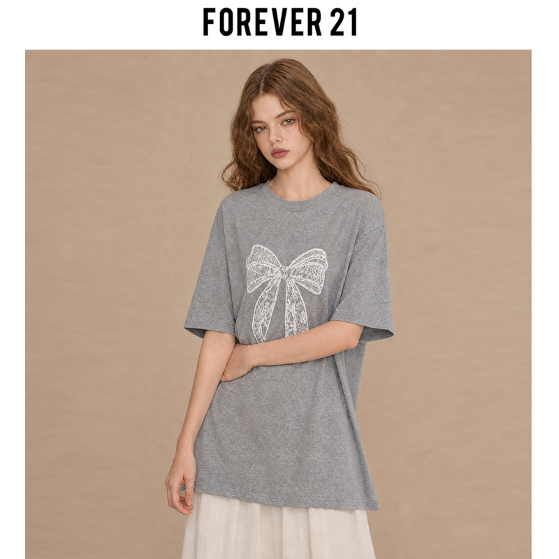 Forever 21 Chic Gray Round Neck Short-Sleeved T-Shirt for Women with Beautiful Lace Bow Korean Style Loose Top
