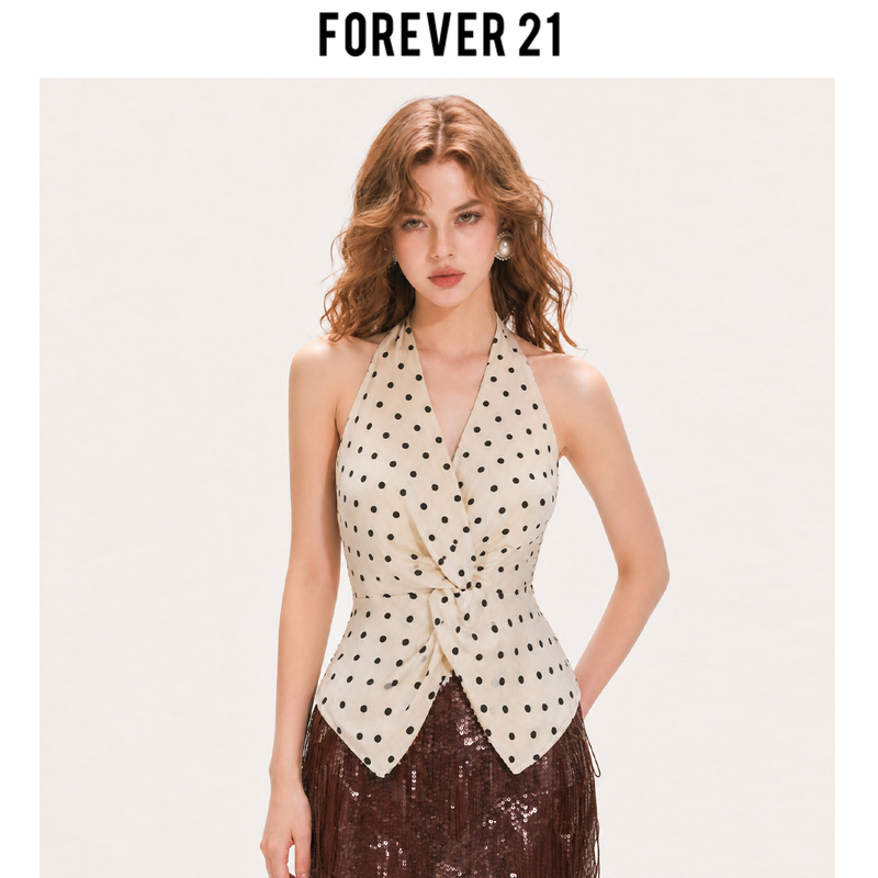 Forever 21 Apricot Polka Dot Slim Fit V-Neck Simple Sexy Halter Top Sweet Waist-Cinching Sleeveless Women's Clothing