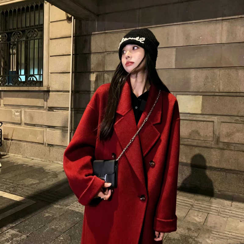 Chinese Red Pure Handmade Light Luxury Double-Sided Cashmere 2026 New Women's Autumn and Winter Coat Mid-Length Korean Style Wool Coat