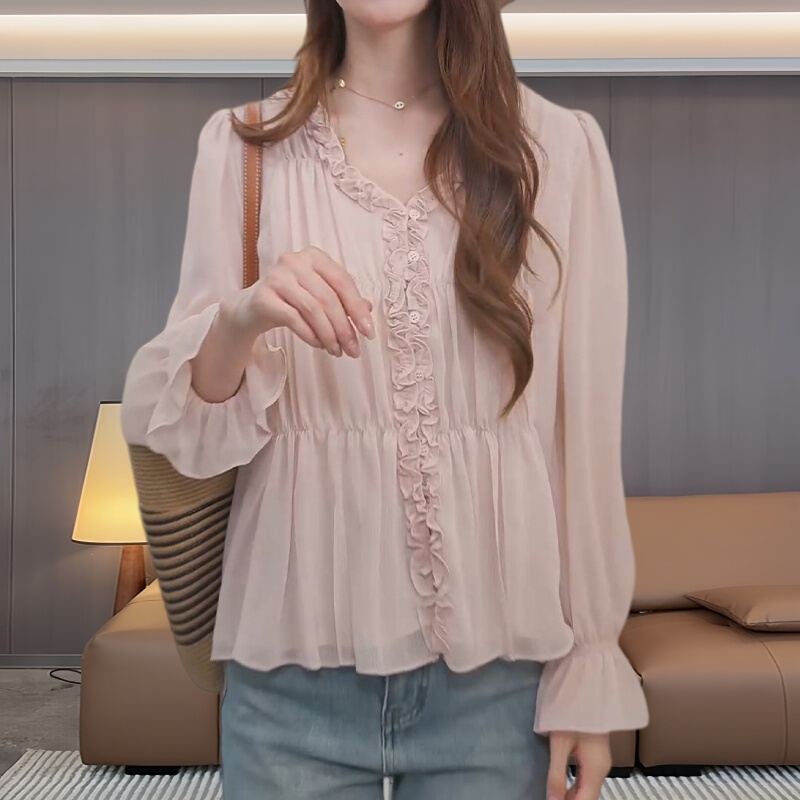 French-Style Ruffled V-Neck Pink Shirt for Women, Spring Loose Fit, Slimming, Plus Size Long-Sleeve Top, Trendy