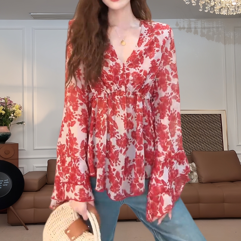 French Style Fashionable V-Neck Floral Print Shirt for Women, Lazy Style Loose Casual Shirt, Thin Long-Sleeved Red Top