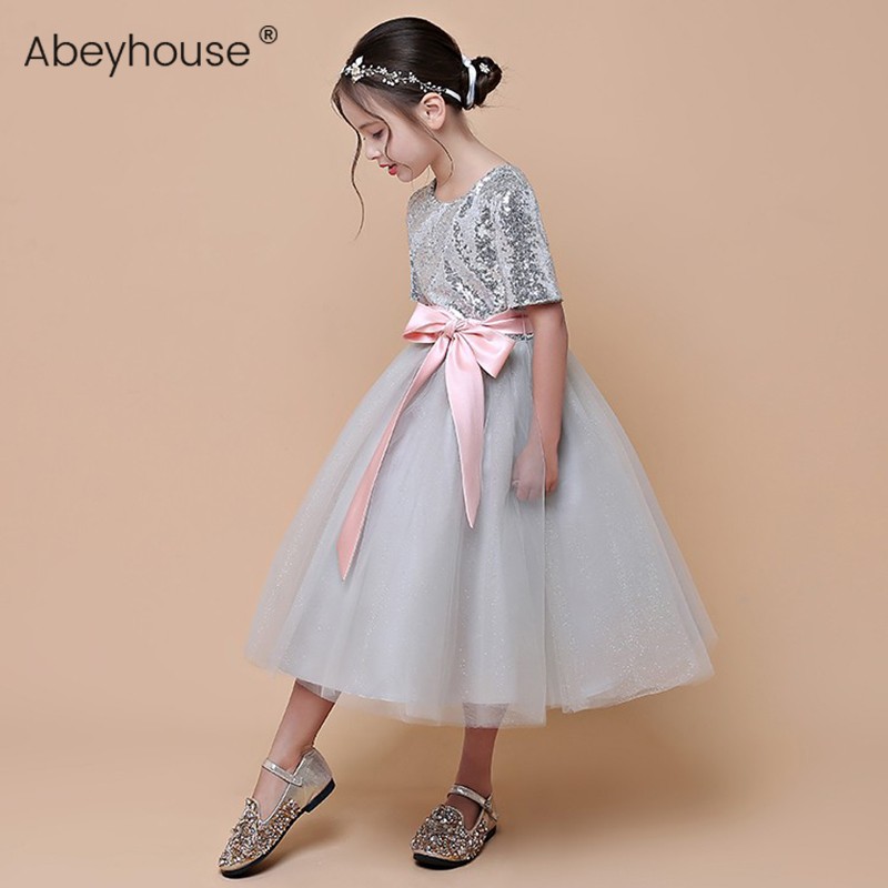 Girls tenth birthday princess dress silver-gray flower girl dress children's piano performance violin performance dress half sleeve