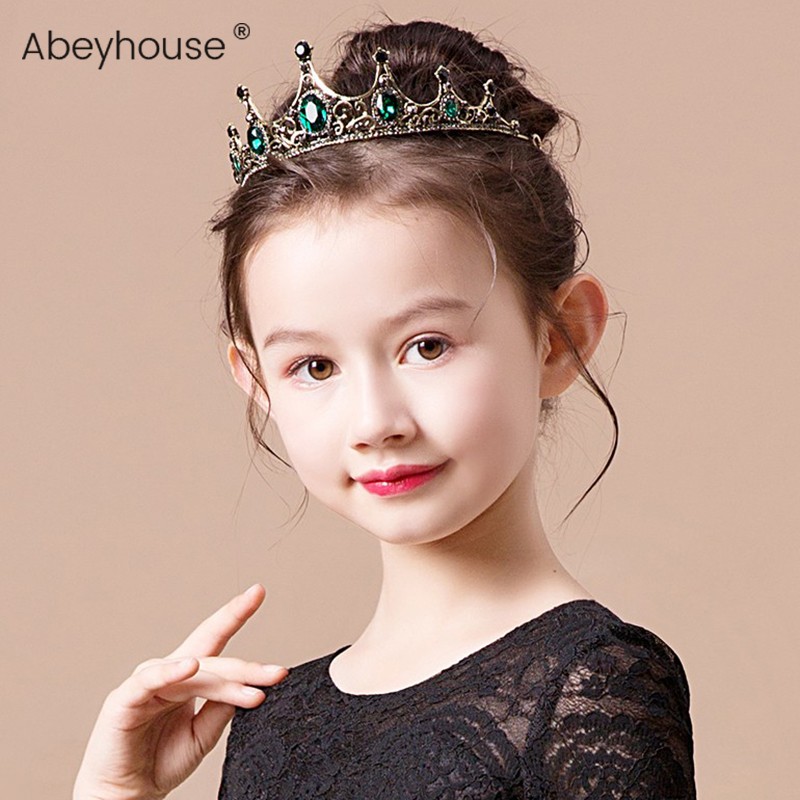Girls Hairdress Doing Old Retro Baroque Crown Green Drill Female Performing Children Noble and Elegant Dressing Heartdress
