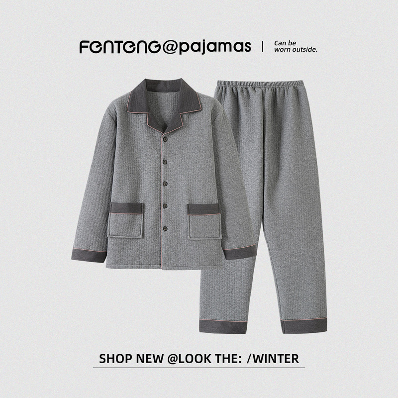 Fenteng Ke'An Autumn and Winter Air Cotton Men's Pajamas Pure Cotton Layered Thickened All-Cotton Thin Quilted Home Wear Set