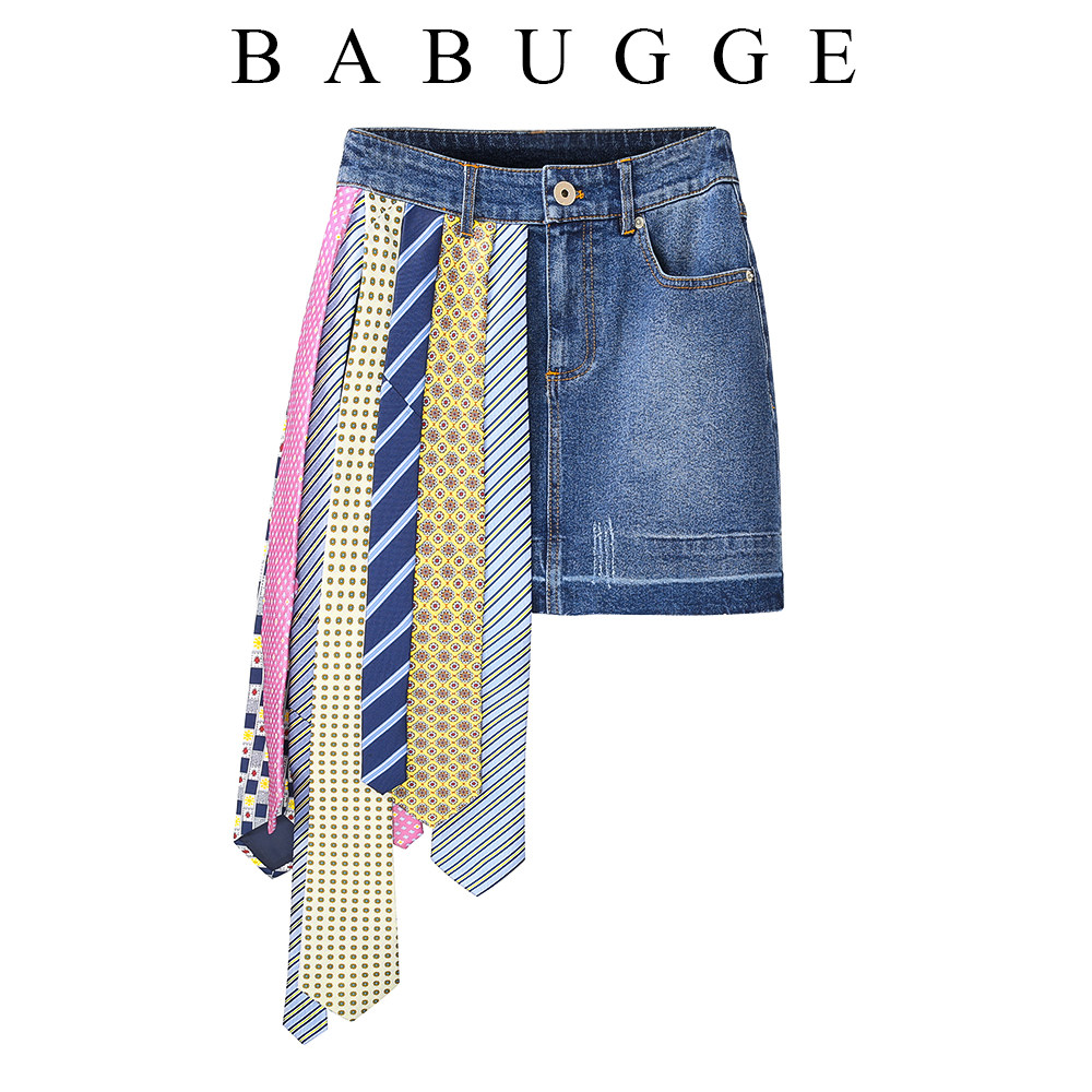 Korean version of small crowd design feeling half dress woman 20 early autumn new high waist display slim irregular tie splicing denim dress