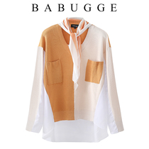 Knitted stitching shirt womens 202 early autumn new loose long-sleeved mid-length design sense niche light cooked top