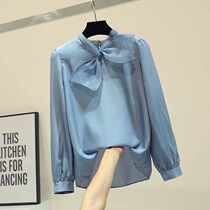 Chiffon long-sleeved shirt womens 2020 spring new Korean loose bow design sense niche light cooked top trend
