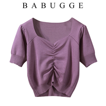 Small Crowddesign Sensation Knit T-shirt Woman 2020 Spring Summer New Korean version Body Slim Folds Short short sleeve blouse