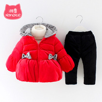 Baby girl winter children plus velvet padded cotton trousers two-piece girl winter dress with hat foreign childrens suit