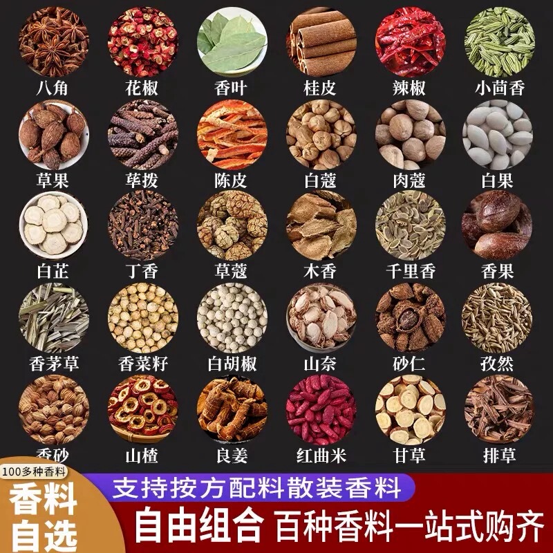 Star Anise, Aniseed, Cinnamon, Bay Leaves, Fennel, Angelica Root, Sichuan Pepper, Spices and Seasonings Wholesale Combo for Commercial Use in Braised Dishes and Stewed Meat