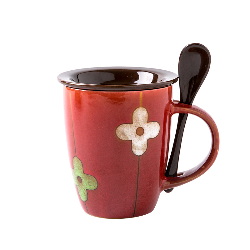 Youcci porcelain flowers move lucky grass leisurely glass ceramic cups with cover with a spoon, keller of coffee cup