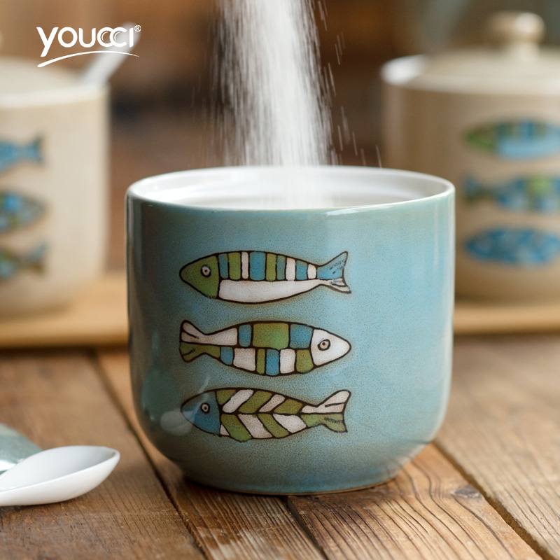 Youcci porcelain creative water - wave large leisurely seasoning jar of Japanese household kitchen sugar pot monosodium salt jars