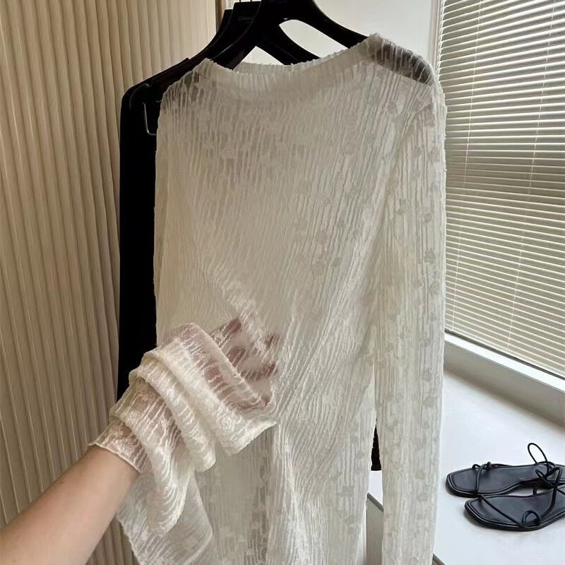 2025 Summer Slit Hollow Sunscreen Thin Cover-Up Women's Loose Lace Shirt See-Through Breathable T-Shirt Top