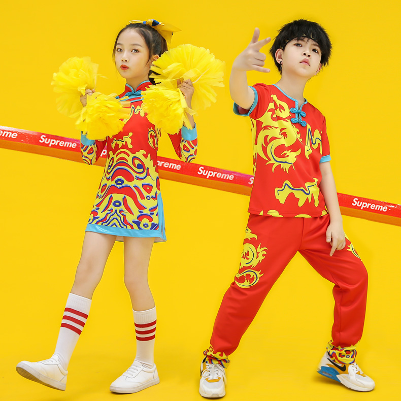 Children's cheerleading dress campus sports meeting cheerleader uniform boys and girls Chinese style dragon pattern cheongsam catwalk performance clothing