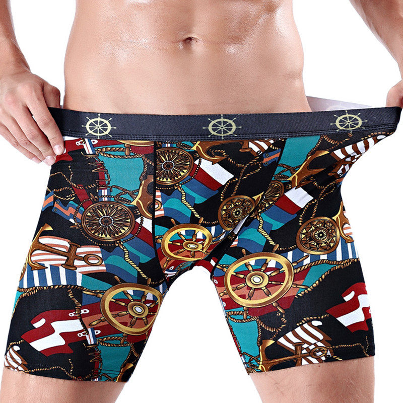 Men's sport lengthened printed full cotton four-corner underpants running anti-wear leg 50% pants long flat four corners long pants head