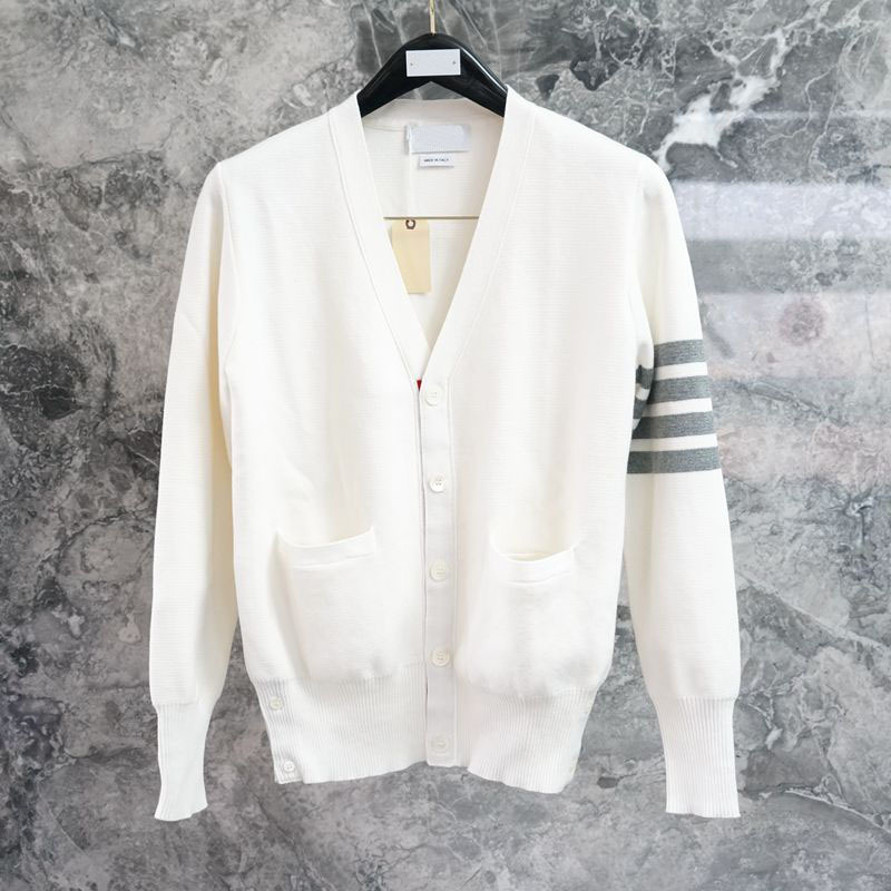 High-Quality Spring Tb Cardigan, Unisex, Men's Slim-Fit V-Neck, Four-Stripe Pure Cotton 5-Button Knit Sweater Jacket