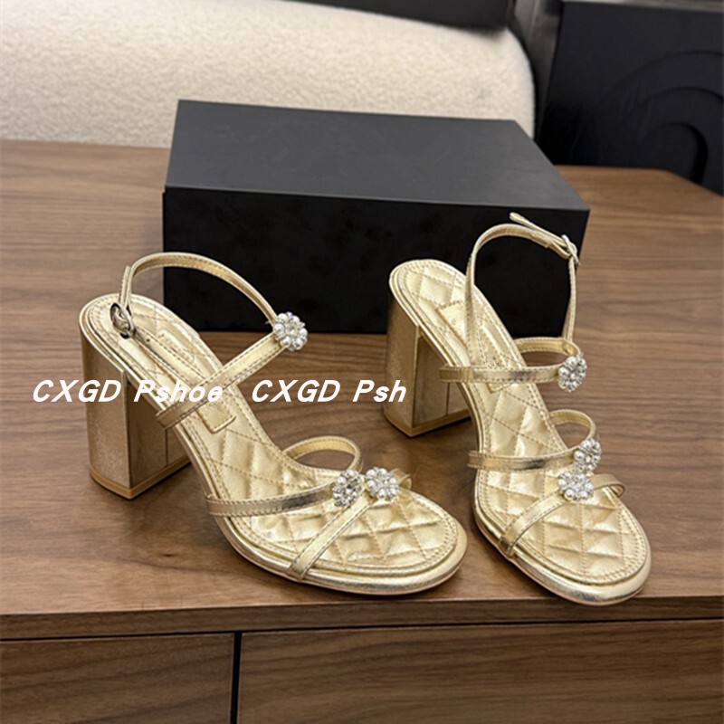 Xiaoxiang Gold and Silver Camellia Chunky Heel Open-Toe Sandals for Women 26C Spring and Summer Sheepskin Thin Strap Combination Backless High Heels