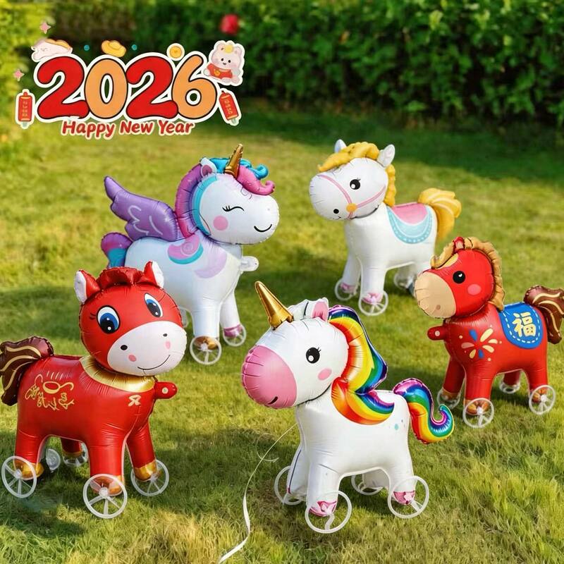 Year of the Horse Aluminum Foil Balloon Zodiac Cartoon Pony with Wheels Walking and Standing Kindergarten Children's Gift Photo Props