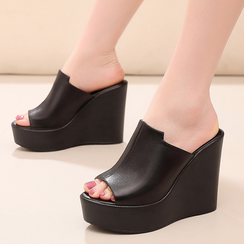 Genuine Leather Waterproof Platform Thick-Soled Sandals Wedge Heel Fitting Room Slippers Ultra-High Heel Nightclub Runway Platform Slippers for Women