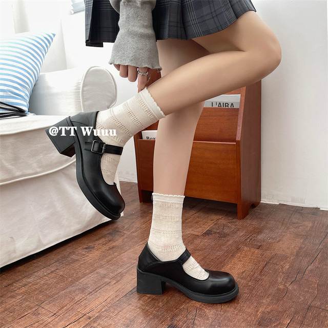 TTWuuu Thick Heel Dwarf Le Versatile British Style JK Small Leather Shoes Women's 2023 New Retro Black Mary Jane Shoes