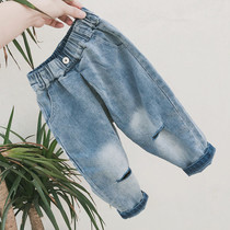 Squinting squinting eyes childrens ripped jeans Handsome boys stretch pants spring and autumn 2021 baby foreign style casual pants