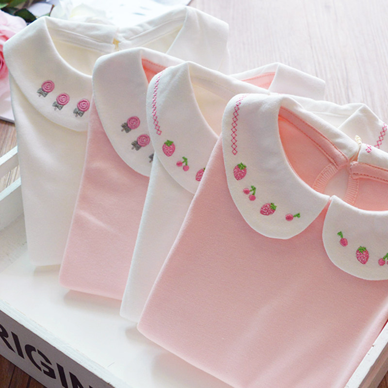 Mül Family Brief Girl Pure Cotton Embroidered Undershirt Child Dolls Collar Long Sleeve Pure color 100 lap t-shirt blouses-Taobao