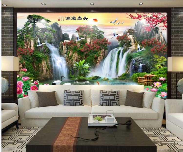 Living room tile TV sofa porch background wall New Chinese color carved microcrystal 3D Hongyun head water mountain painting