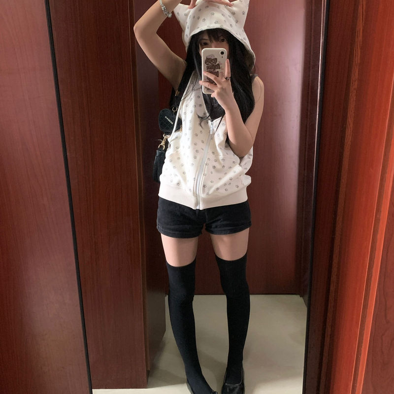 Little Rabbit Velvet Original Design Cat Paw Print Hooded Sleeveless Sweatshirt Jacket for Women, Loose and Casual Summer Zipper Jacket