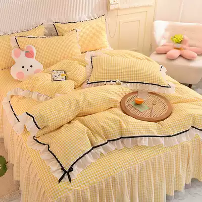 Plaid beautiful yellow cotton bed skirt four-piece cotton princess style sheets quilt cover girl heart with bedspread