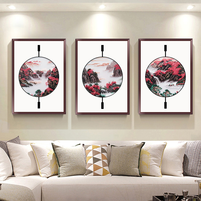 Su Embroidery Finished Product Hanging Painting Solid Wood Frame Living Room Decoration Painting Real Silk Hand Embroidery Hung Painting New Chinese Home Triptych