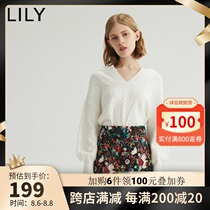 LILY summer new womens simple fashion OL style solid color ribbed V-neck pullover loose sweater