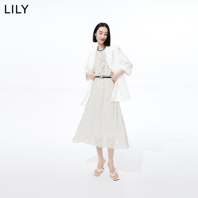 LILY ໃໝ່ລະດູຮ້ອນຂອງແມ່ຍິງ ແອວ retro polka dot ກະທັດຮັດ pleated A-line temperament drapey dress ແອວສູງ