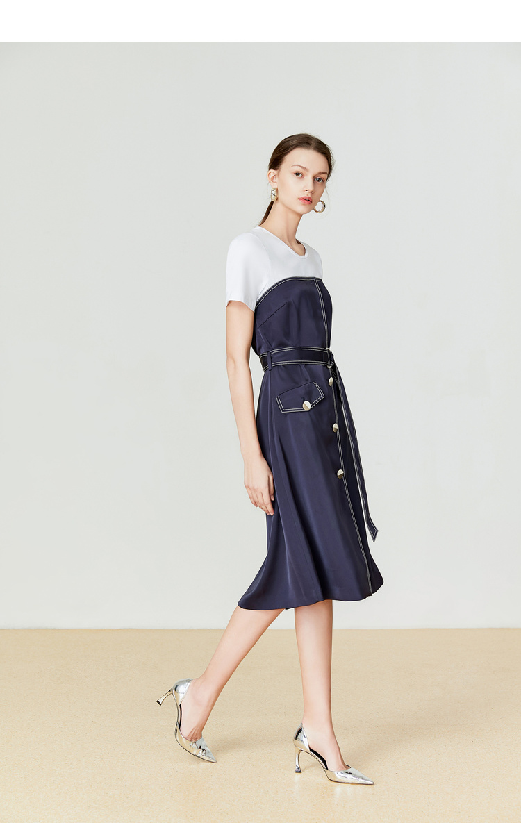 Lily2019 mùa hè mới phụ nữ khí chất dụng cụ thắt lưng thắt lưng Slim navy màu xanh có thể tháo rời dây đeo 7984 - Váy eo cao 	váy suông cột dây eo