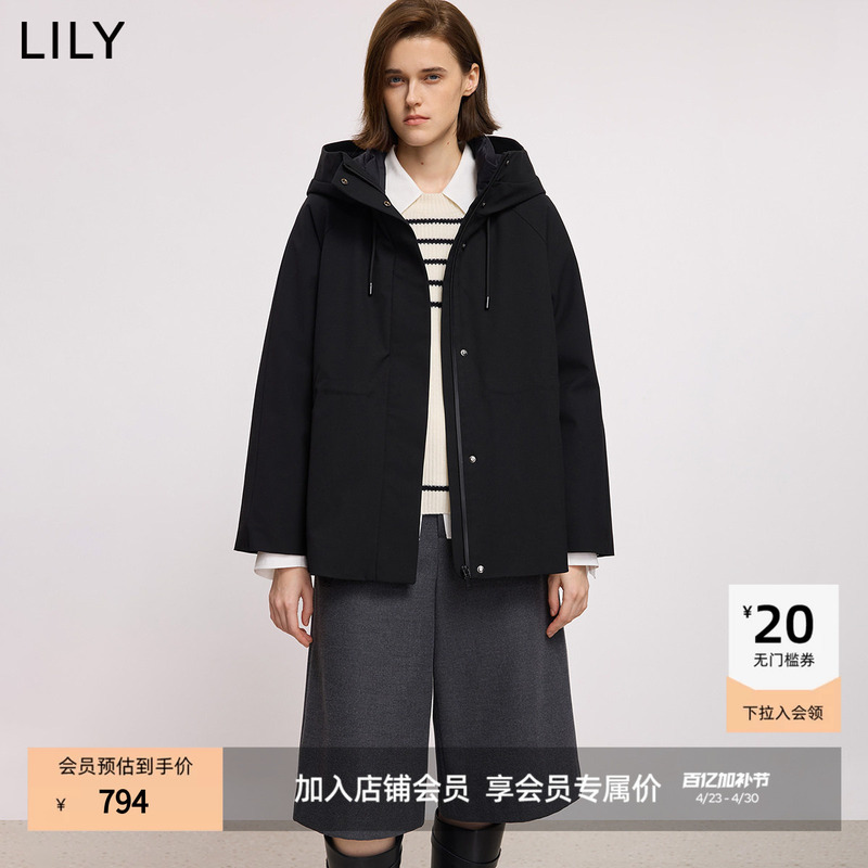 Lily2025 New Winter Style Black down Jacket with Wool and 90% Duck Down, Hooded, Drawstring Waist, Mid-Length for Women