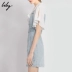 Lily2020 mùa hè mới của phụ nữ ngọt ngào nơ nút lá sen tay áo cao eo mảnh vải voan khâu váy denim - Váy eo cao