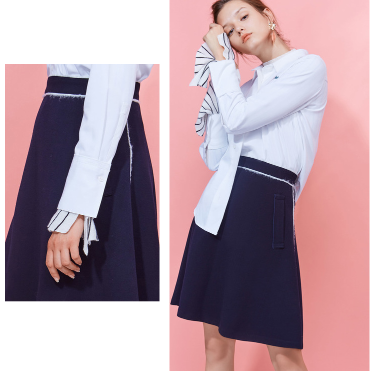 Lily冬新款女装OLA型轮廓;撞色织带;商务通勤型撞色中裙高腰半身裙