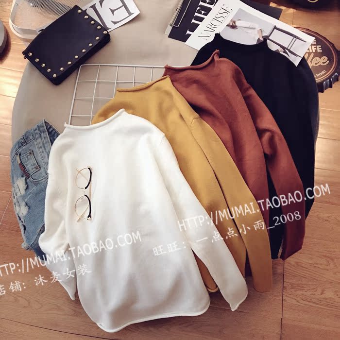 Mu Mai Womens Thời trang Hàn Quốc đơn giản màu hoang dã dài tay uốn xoăn đan áo sơ mi chạm đáy áo len nữ mỏng áo thun form rộng