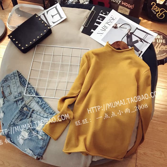 Mu Mai Womens Thời trang Hàn Quốc đơn giản màu hoang dã dài tay uốn xoăn đan áo sơ mi chạm đáy áo len nữ mỏng áo thun form rộng