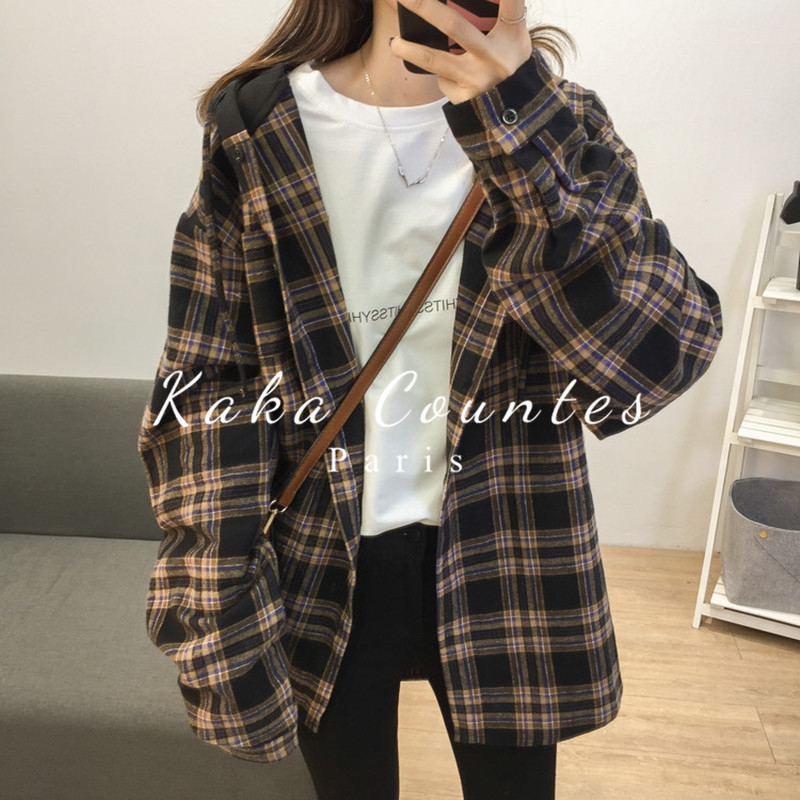 Sandro Mocoloni Even cap plaid Long sleeves shirt Women fall loose Lazy Mid Long Version Casual Jacket
