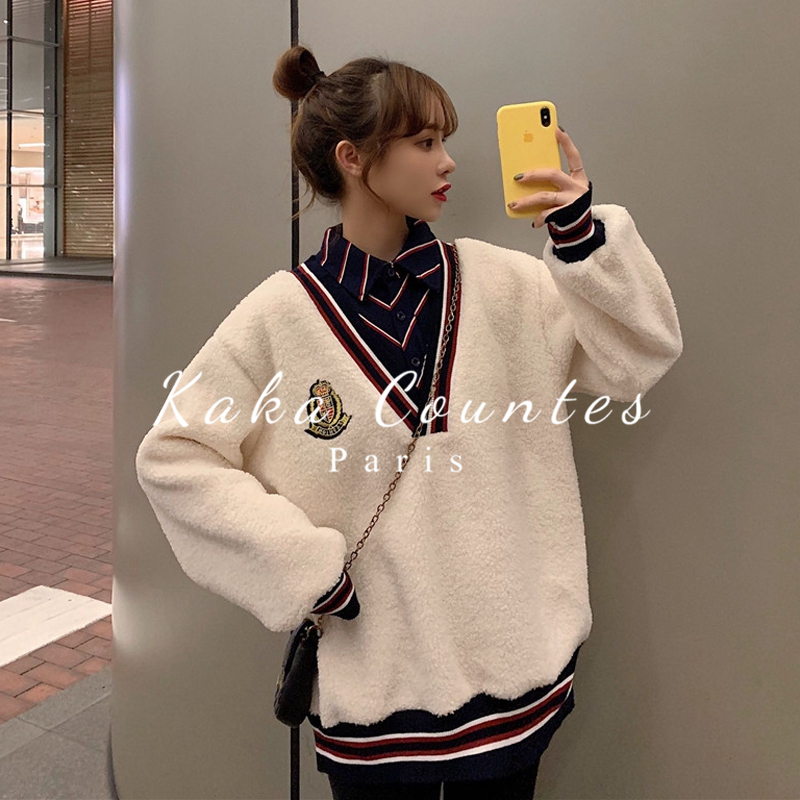 Sandro Moscoloni 2021 autumn new lamb velvet thick cotton women loose Korean fake two-piece thick top