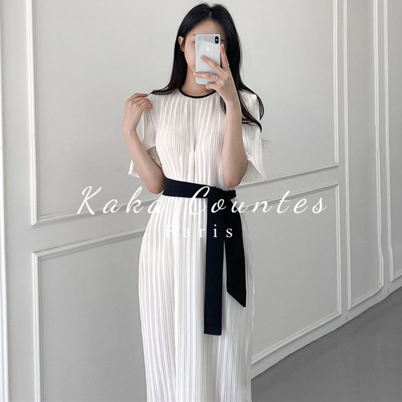 Sandro Mocoloni Temperament Round Collar Pressure Pleats Design Loose Lace to receive long version of Knee Dress Woman